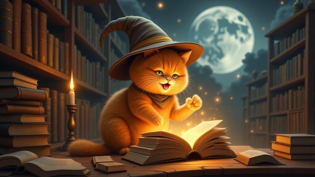 Fluffy Cat Wizard Reads Spellbook in Moonlit Library