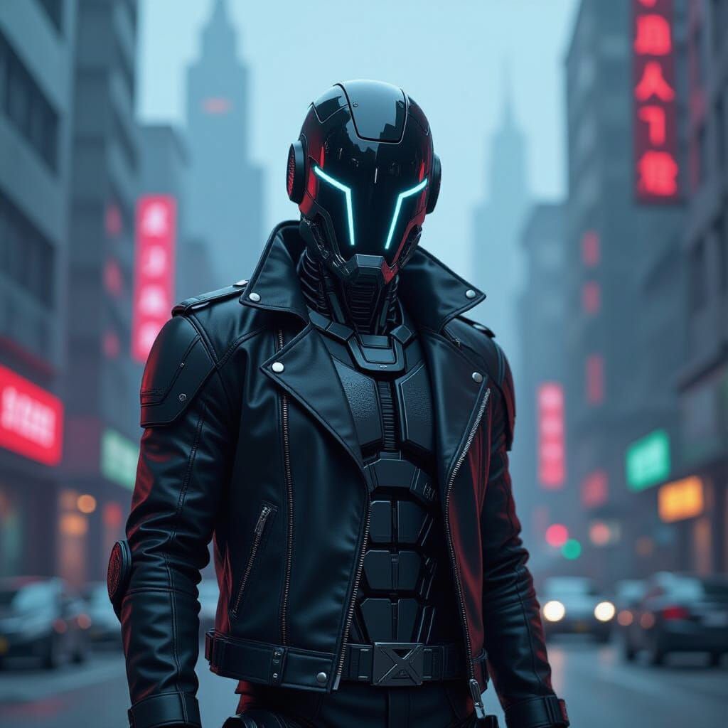 Futuristic Cyborg in Dystopian Cityscape