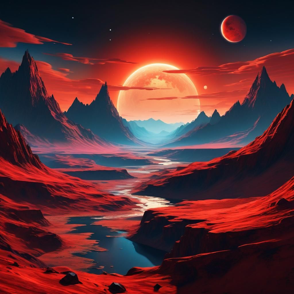 Alien Landscape with Twin Suns, Science Fiction Illustration