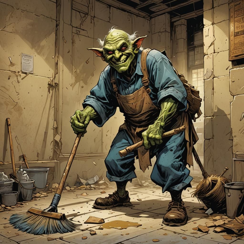 Happy Goblin Janitor in Comic Book Style