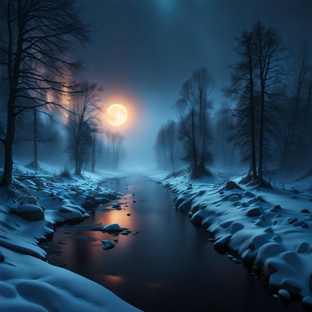 Dark Misty Winter Riverscape in Hyperrealistic Style