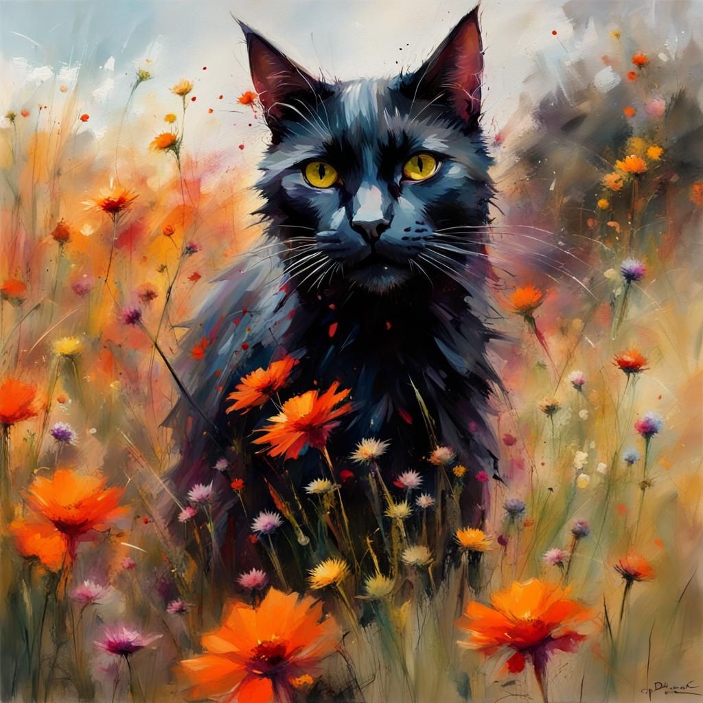 Black Cat Leaping in Autumn Meadow, Detailed Matte Painting