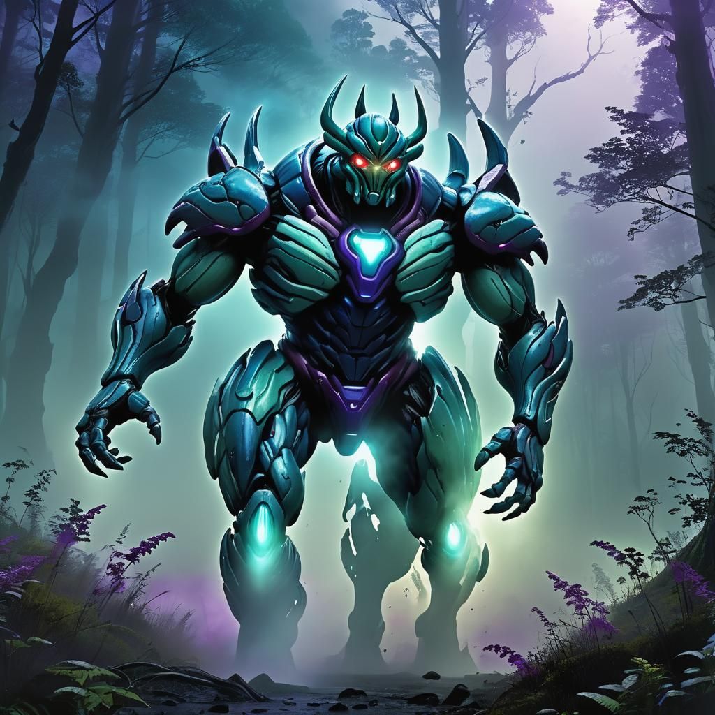 Gigantic Biomechanical Warrior in Mystical Forest