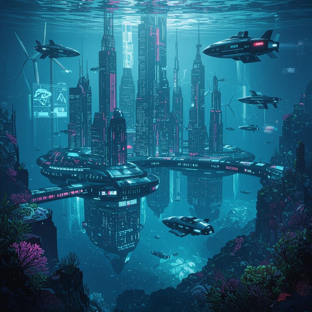 Cyberpunk Metropolis Rising from the Ocean Depths