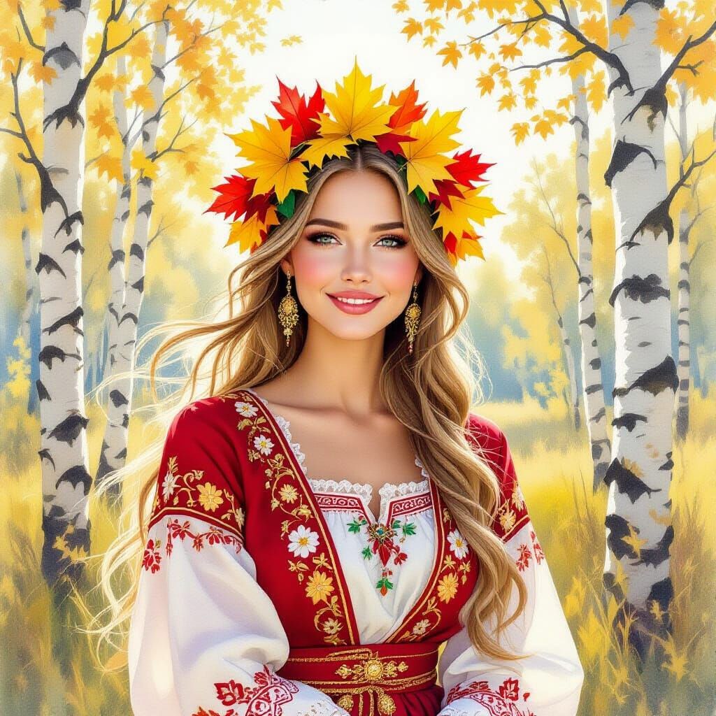 Russian Beauty in Birch Grove, Watercolor Illustration