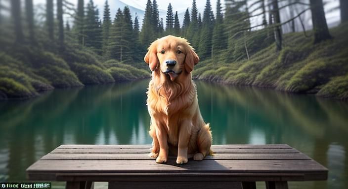 Golden Retriever Portrait in Spooky Forest Landscape