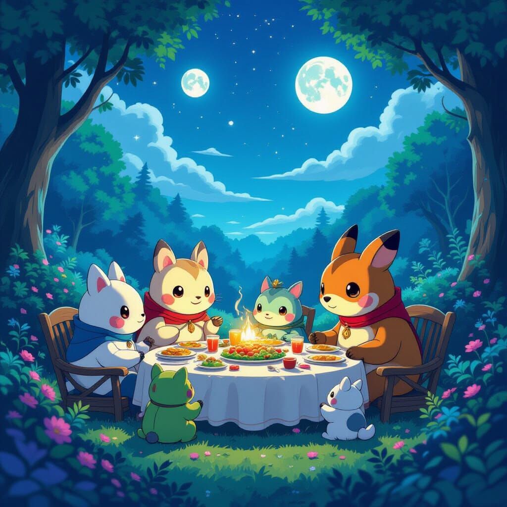 Whimsical Alien Family Feast in Ghibli Anime Style