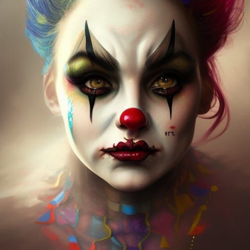 Scary Beautiful Female Clown Portrait in Digital Art