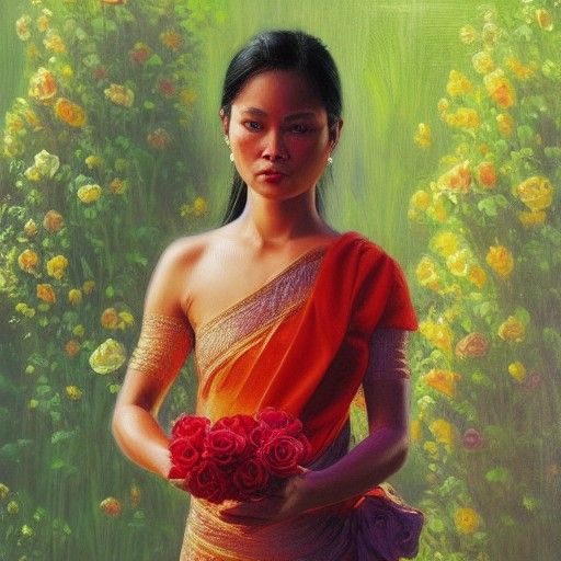 Thailand Lady of Roses: Oil Painting in Gurney Style