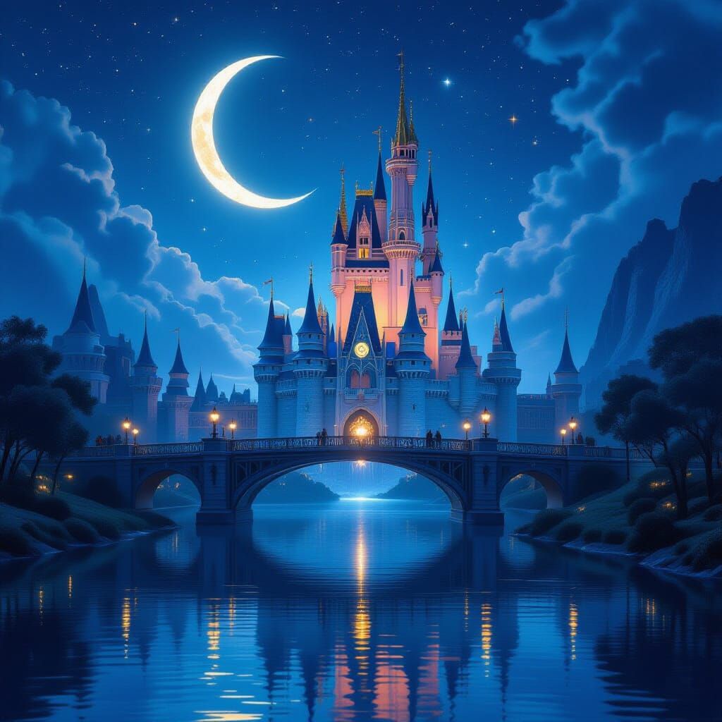Enchanted Castle Above River Under Crescent Moon