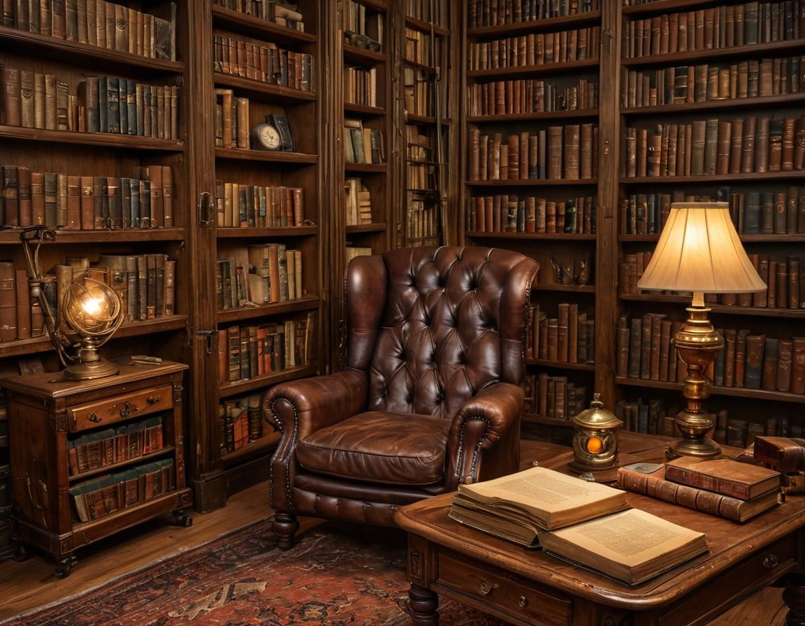 Cozy Steampunk Library with Warm Light