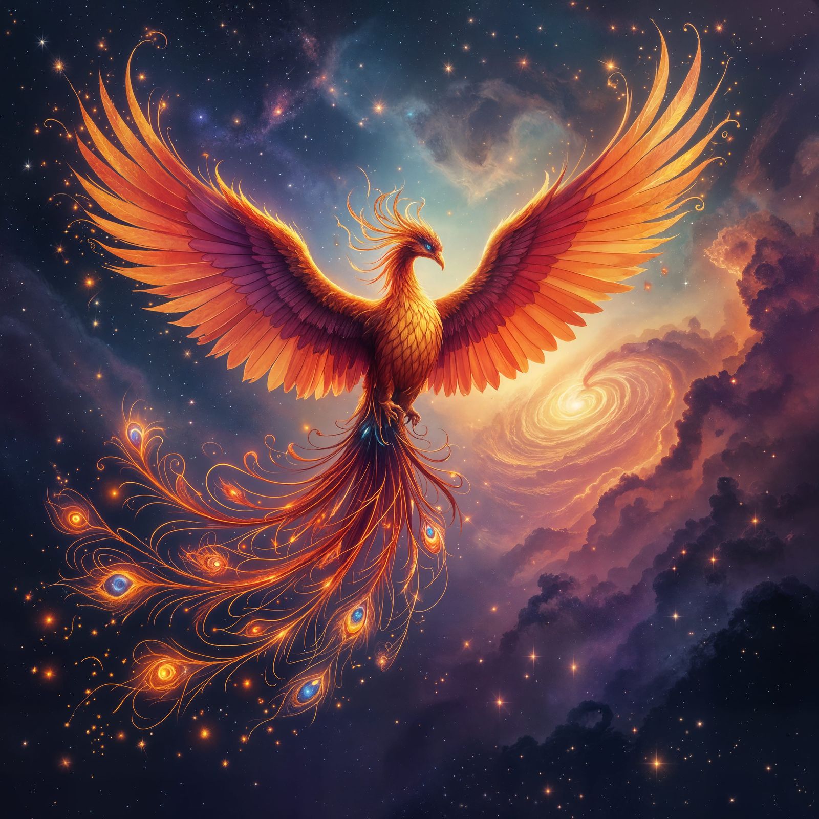 Majestic Phoenix Soaring Through Cosmic Nebula