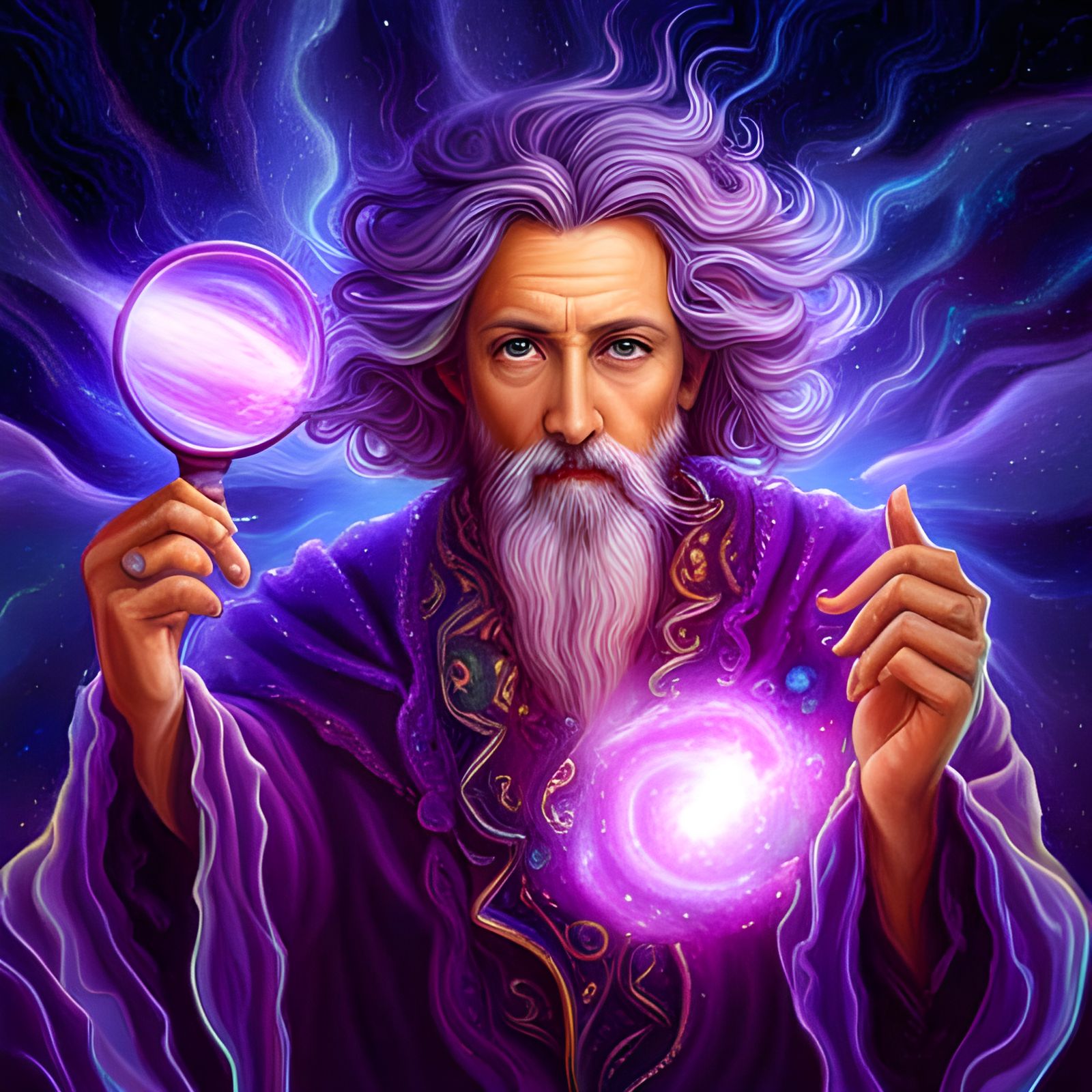 Purple Wizard Casting Spell: Astral Cosmic Illustration