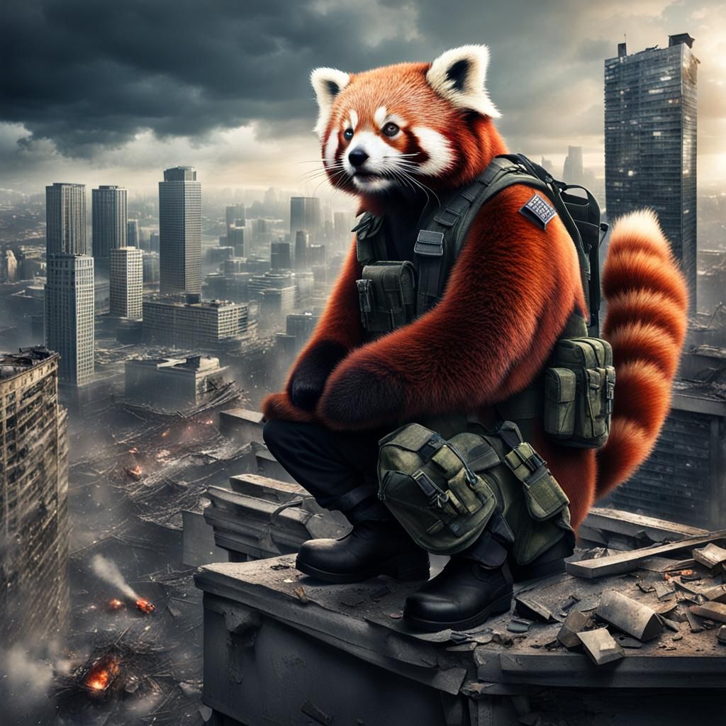 Hyperrealistic Red Panda Hybrid Surveys City Ruins