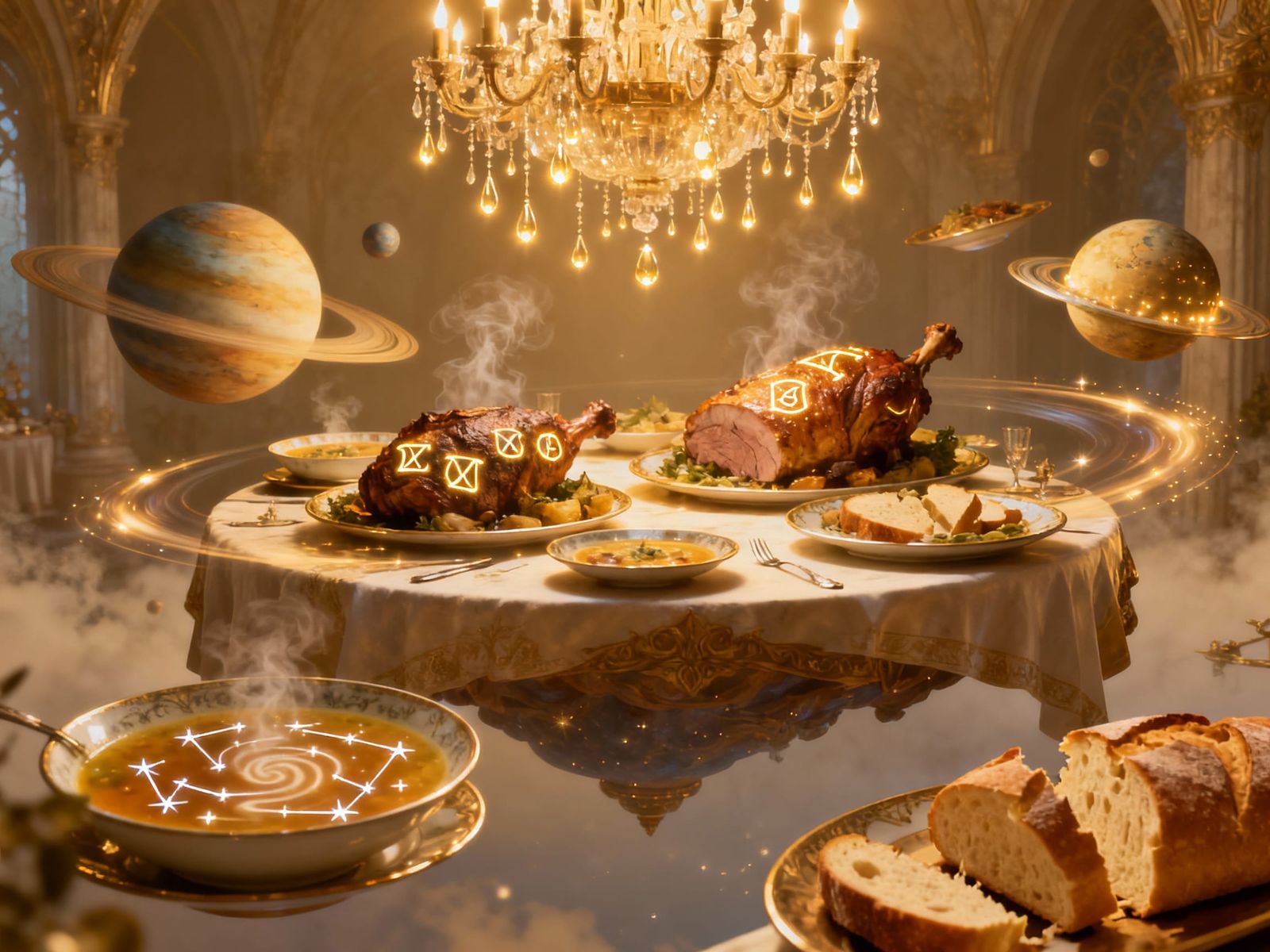 Surreal Levitating Banquet Feast with Magic Runes
