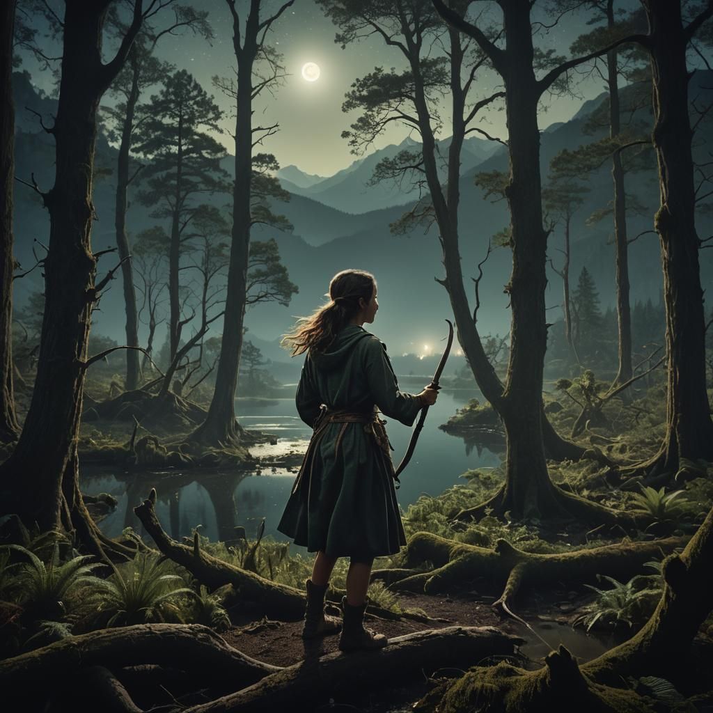 Girl's Mystic Forest Journey Under Starry Sky