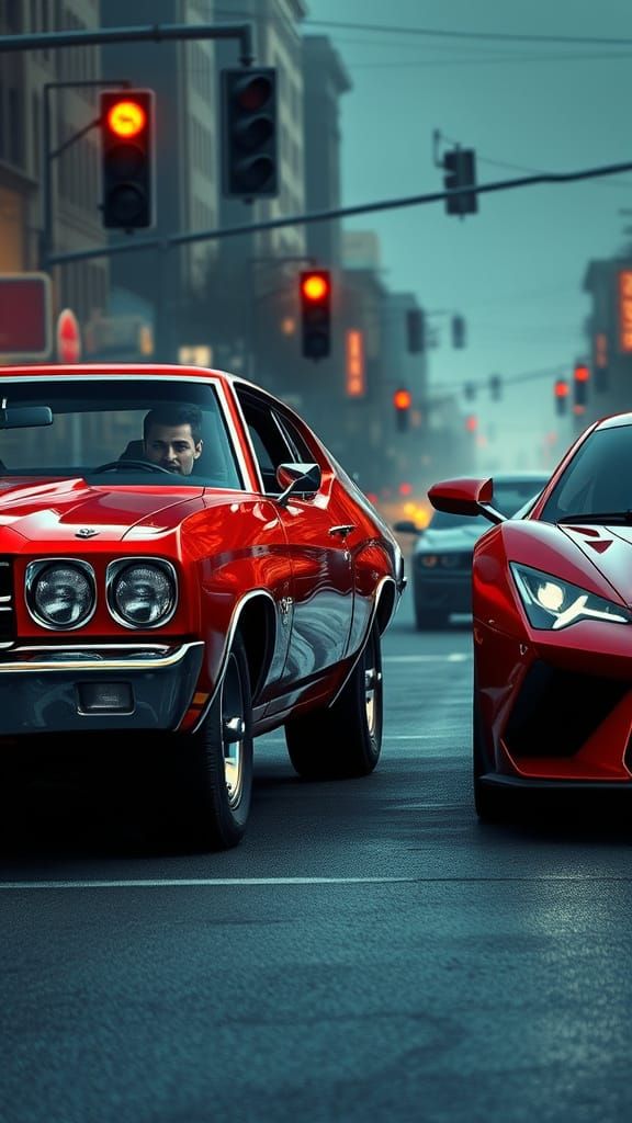 Classic Chevelle SS vs Modern Supercar at Traffic Light