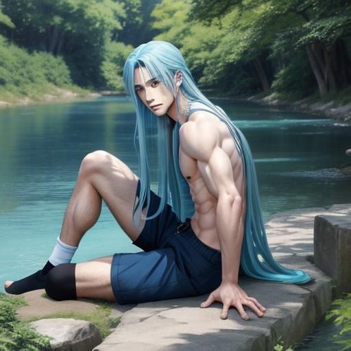 Blue-Haired Youth by Riverbank in Anime Style