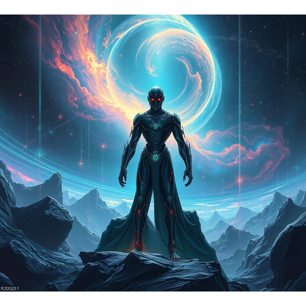 Cyberpunk Godlike Cyborg Creator in Quantum Universe