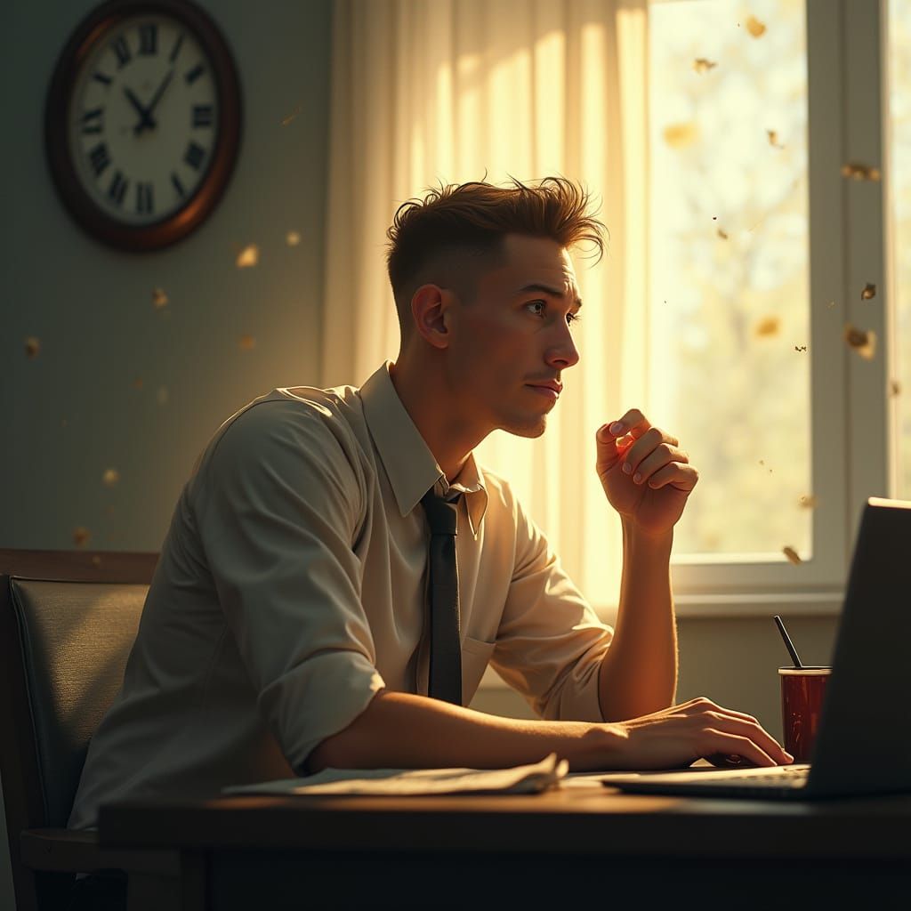 Ambitious Man Dreams of Wealth at Desk