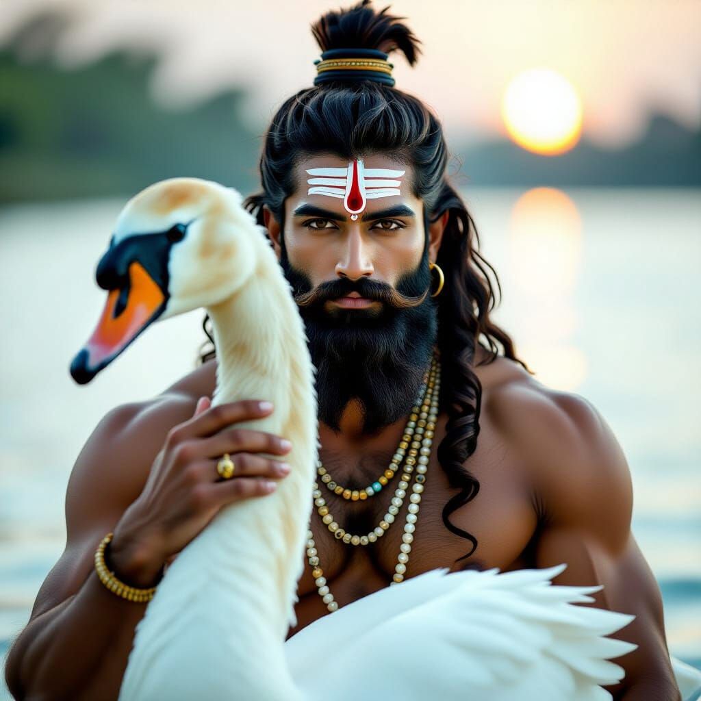 Muscular Young Hindu God on Swan with Pearly Beard