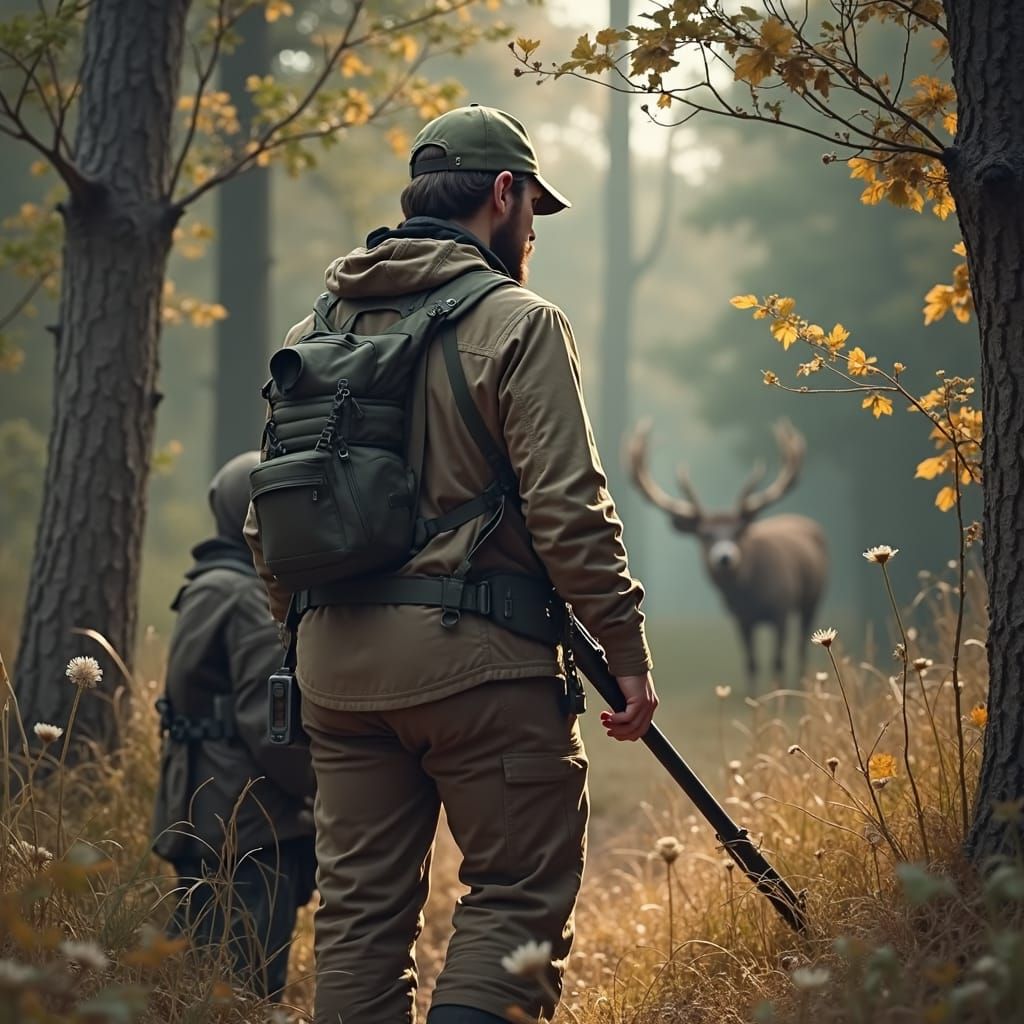 Hunters in Forest, Cinematic Still Life