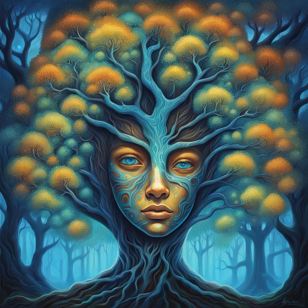 Bioluminescent Humanoid Tree in Fantasy Expressionism