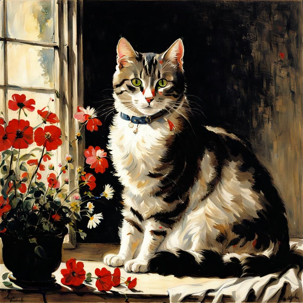 Cozy Cat Surrounded by Flowers in Realist Style
