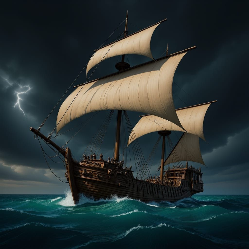 Epic Ship Sails on Stormy Ocean Matte Painting