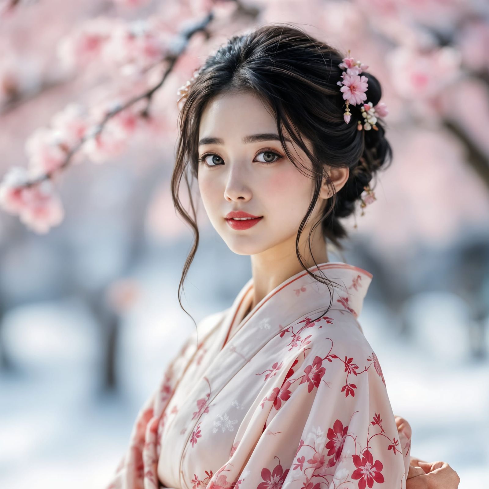 Traditional Japanese Beauty in Serene Winter Landscape