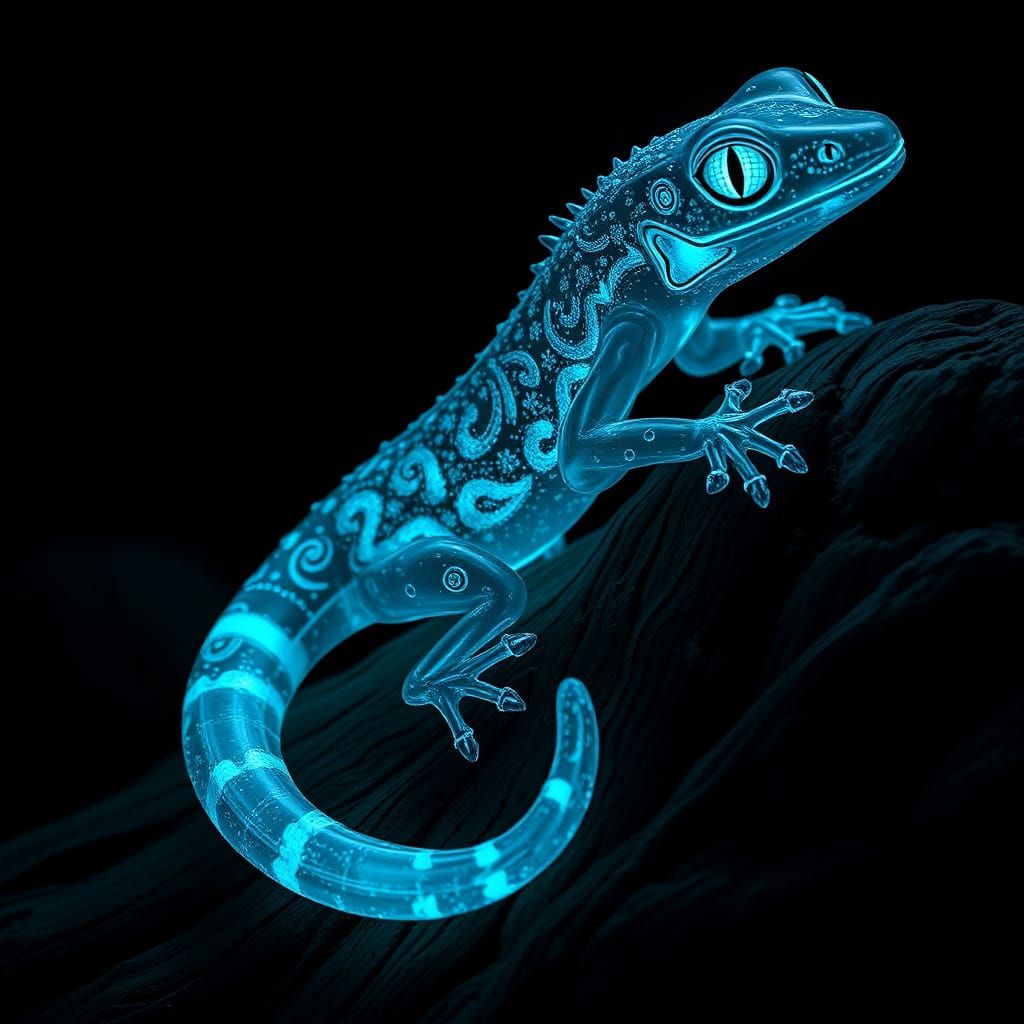 Bioluminescent Crystal Gecko Sculpture on Tree Stump