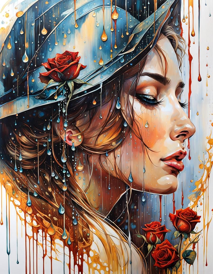 Rain-Kissed Rose: Emotional Portrait in Watercolor