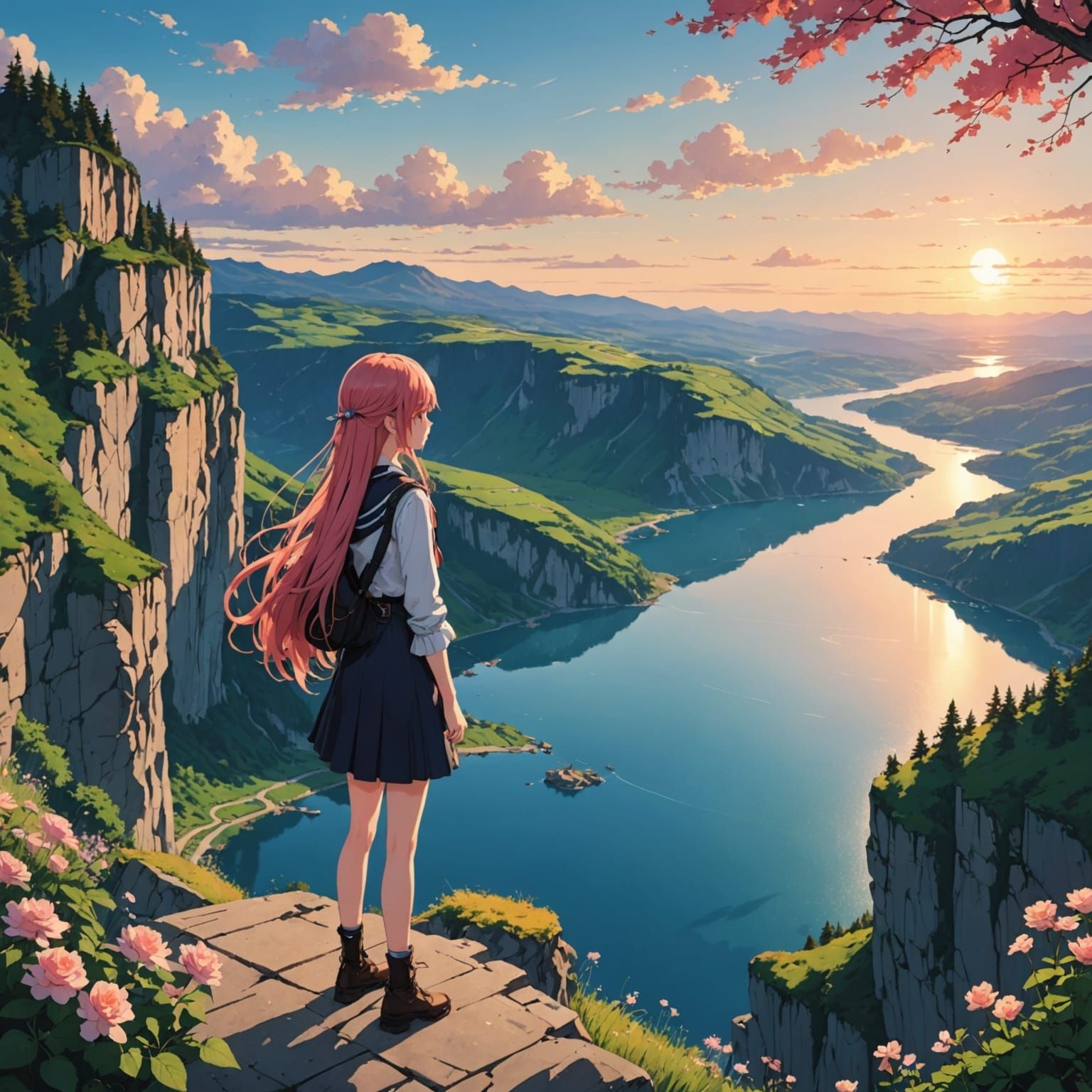 Girl at Sunset Cliff's Edge, Anime-Style Landscape