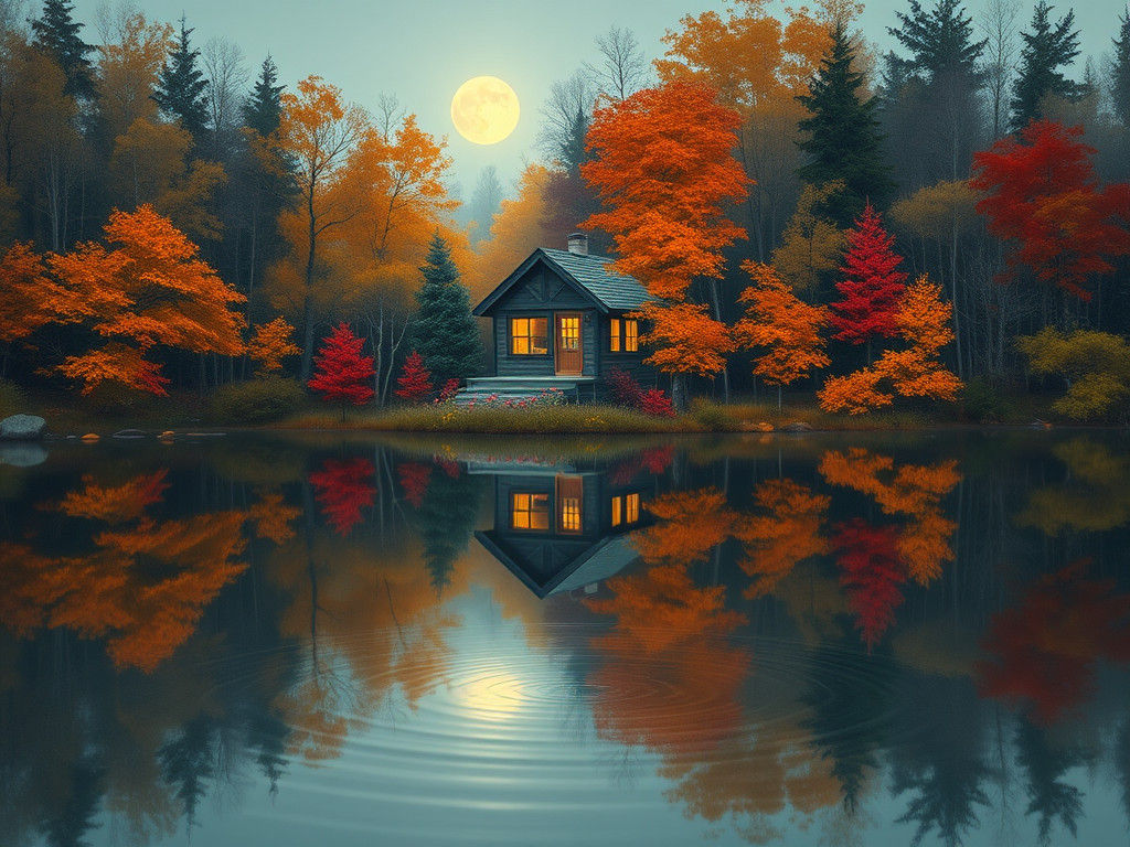 Autumn Cabin Under Moonlit Waters: Impressionist Style