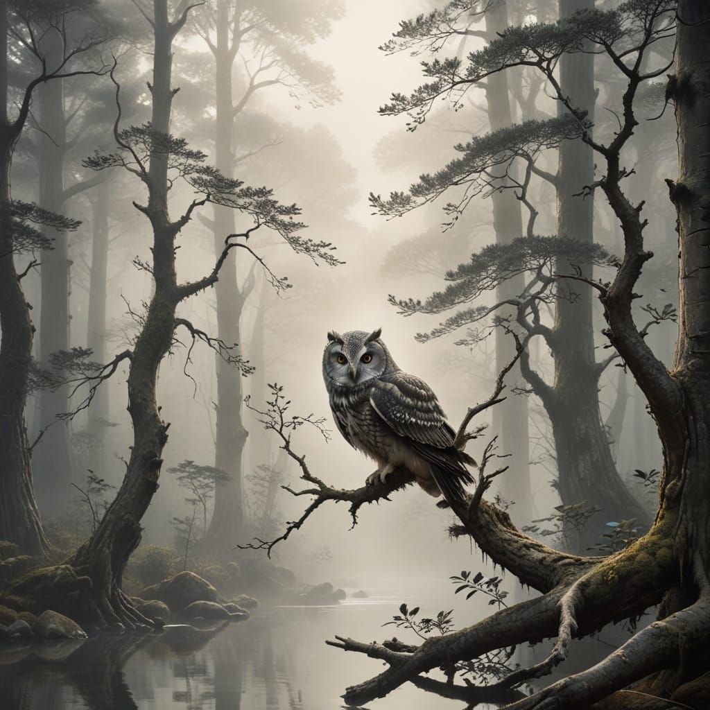 Owl in Traditional Japanese Sumi-e Style