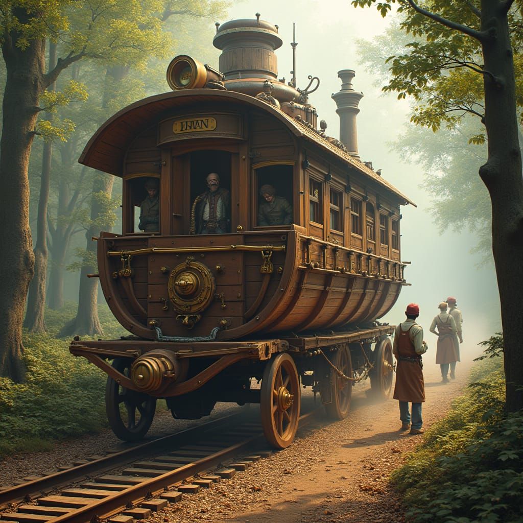 Steampunk Wagon in Motion with Artisans at Work in a Mystica...