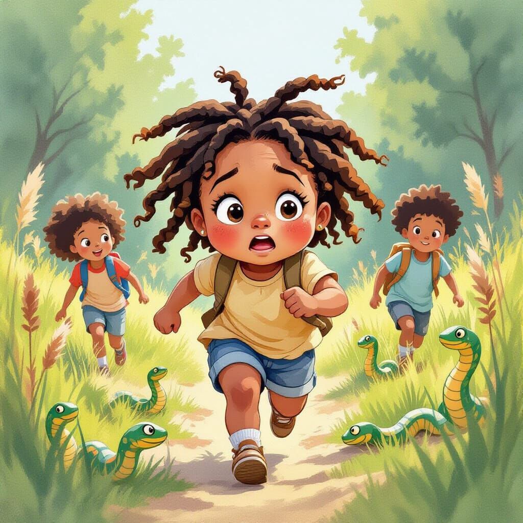 Frightened Girl Runs From Snakes: Watercolor Art