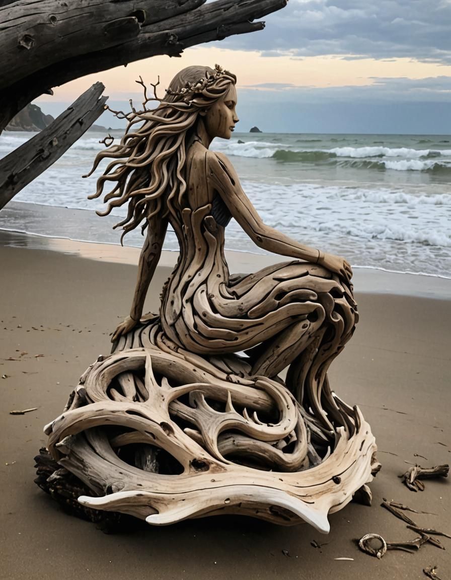 Driftwood Mermaid Sculpture on a Beach