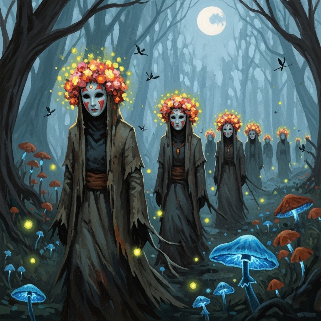 Ethereal Figures Procession Through Misty Forest in Gouache ...