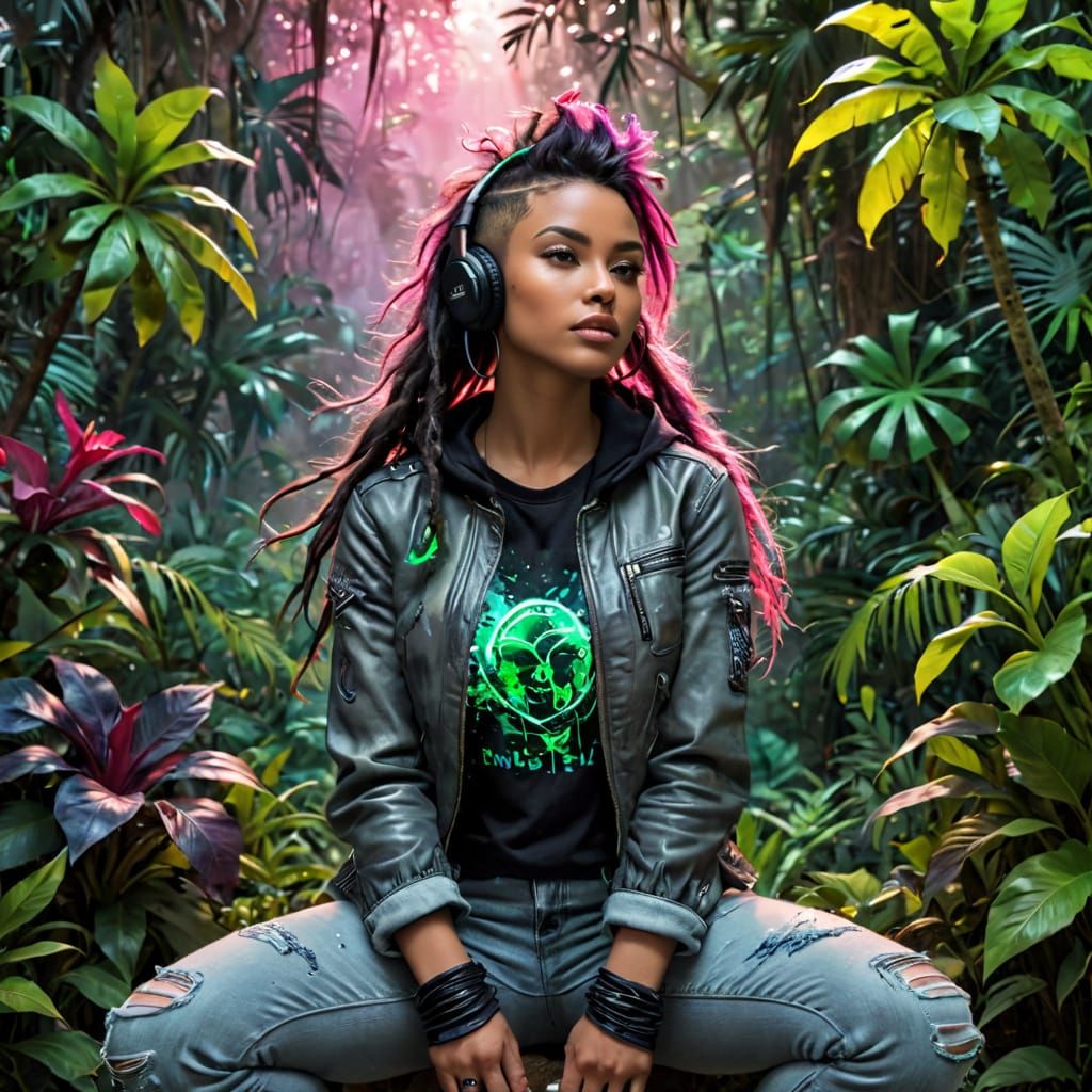 Rebellious Caribbean Goddess in Cyberpunk Jungle