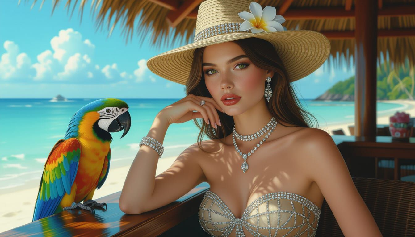 Ethereal Nymph with Parrot: Hyperrealistic Digital Portrait