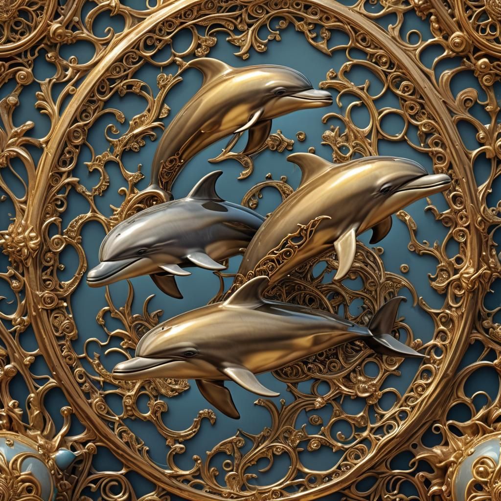 Golden Filigree Dolphin in Hyperrealistic Detail