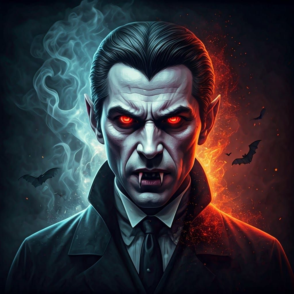 Eerie Vampire Double Exposure Art with Fiery Sparks