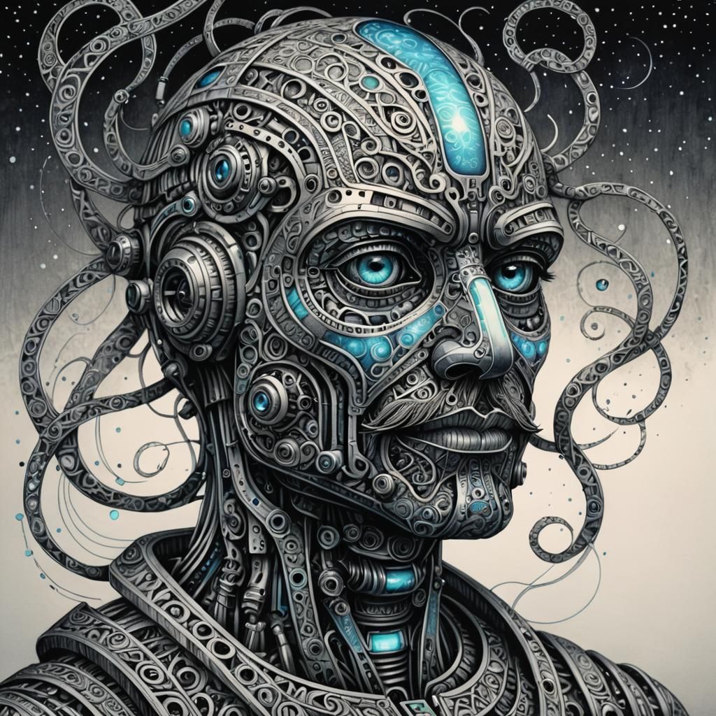 Tilted Robot with Mustache in Fantasy Zentangle Art