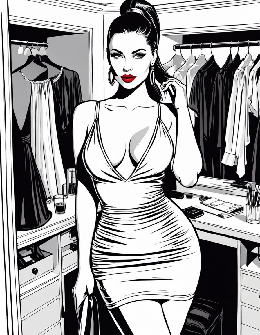 Line Art: Brunette in Red Dress