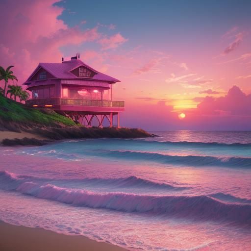 Pink Sunset Beach with Lounge Chairs: Fantasy Art