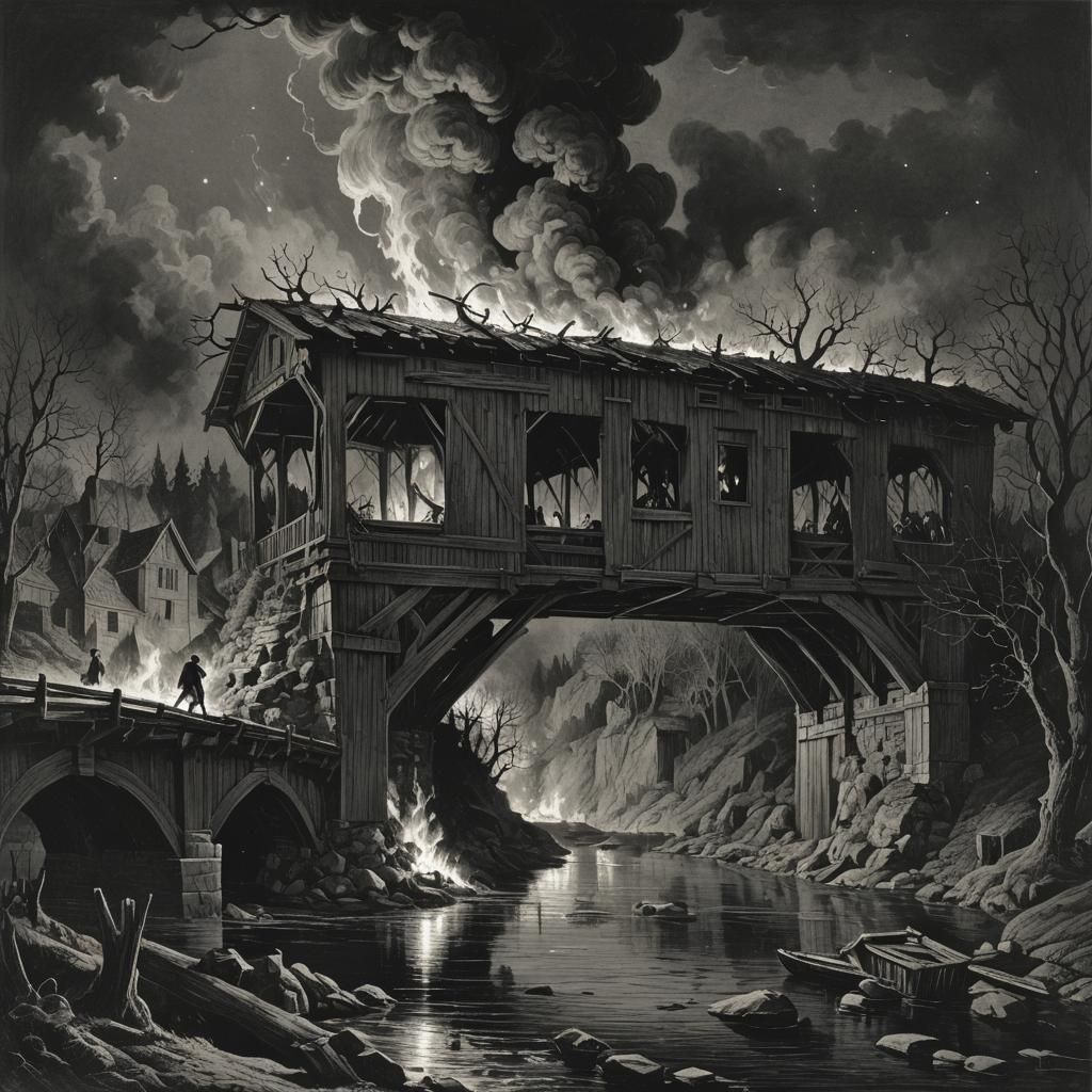 Burning Covered Bridge in Dark Horror Style