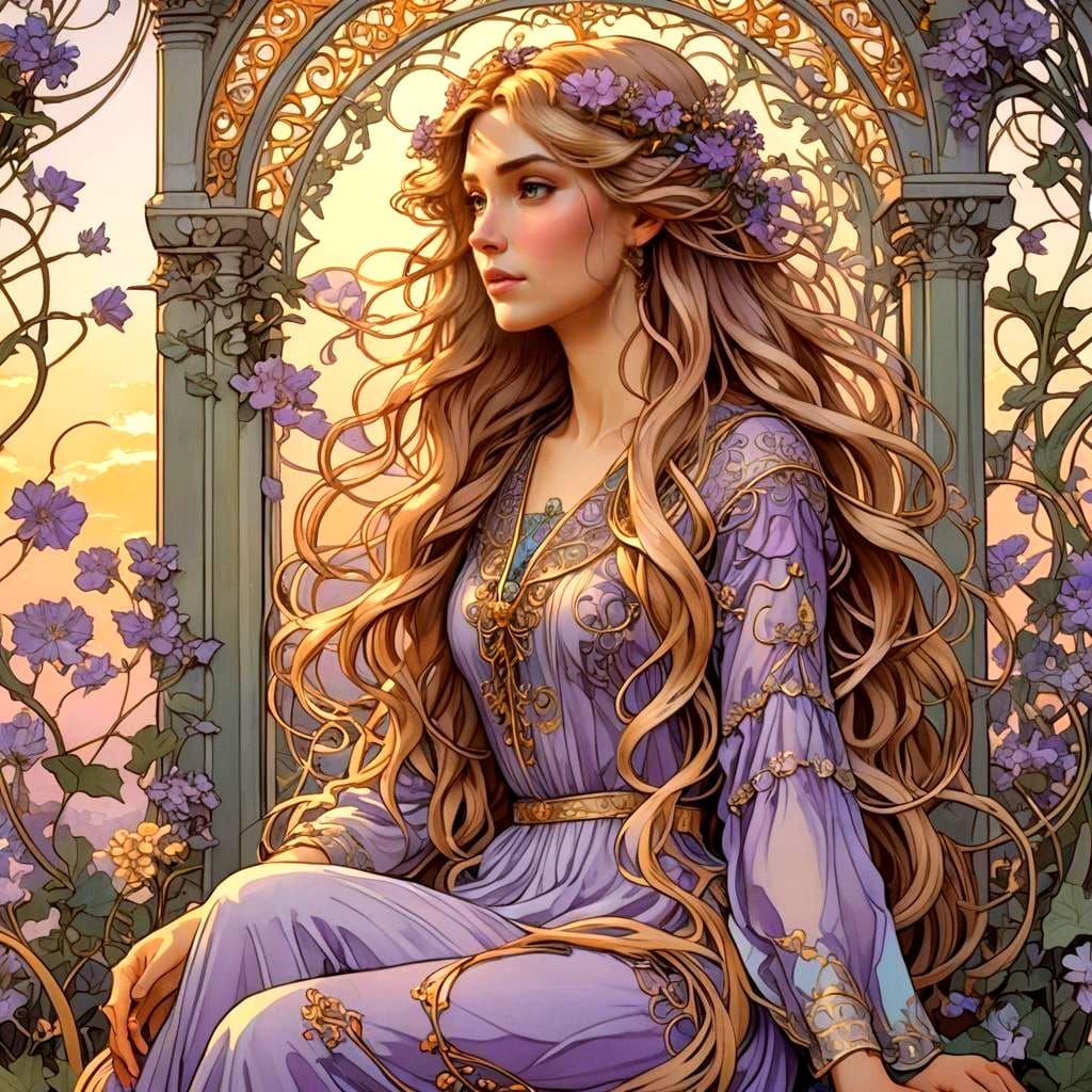 Rapunzel Tarot Card in Art Nouveau Style