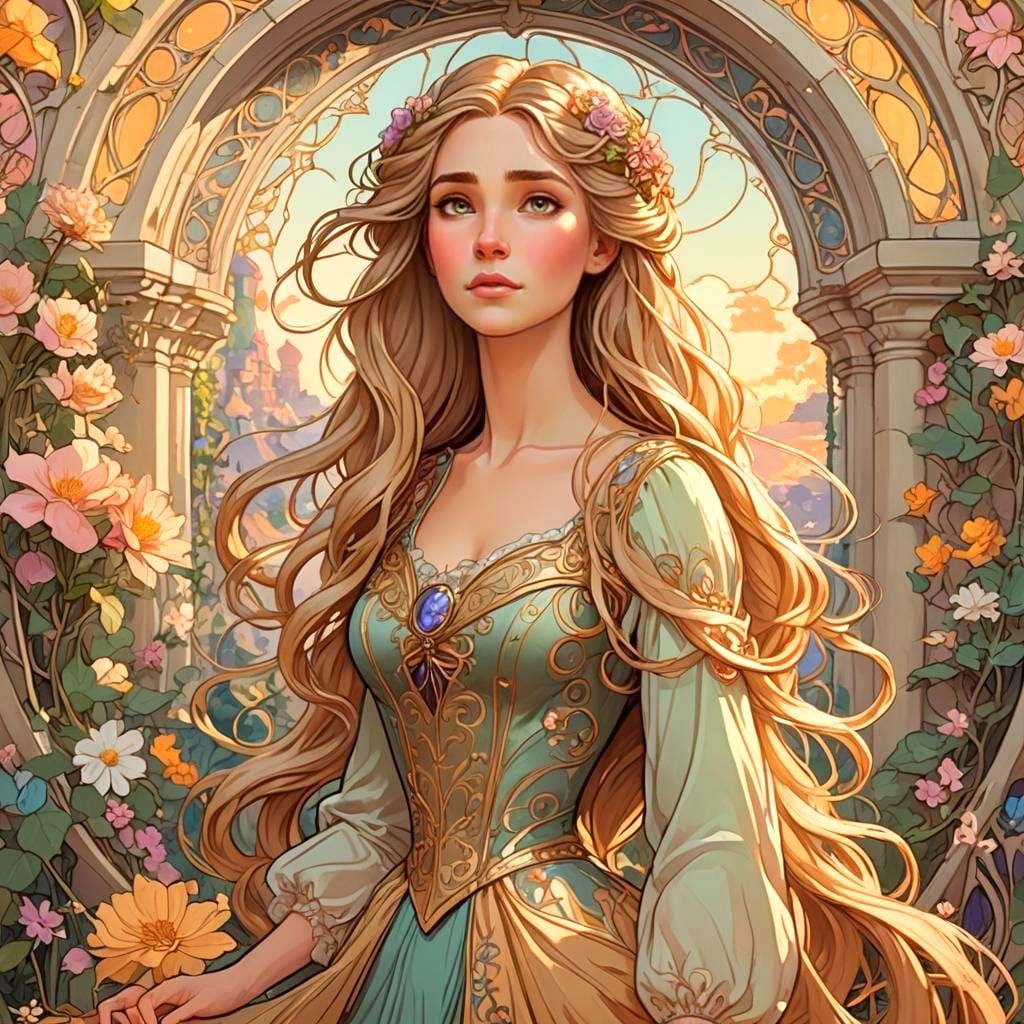 Rapunzel Tarot Card in Art Nouveau Style