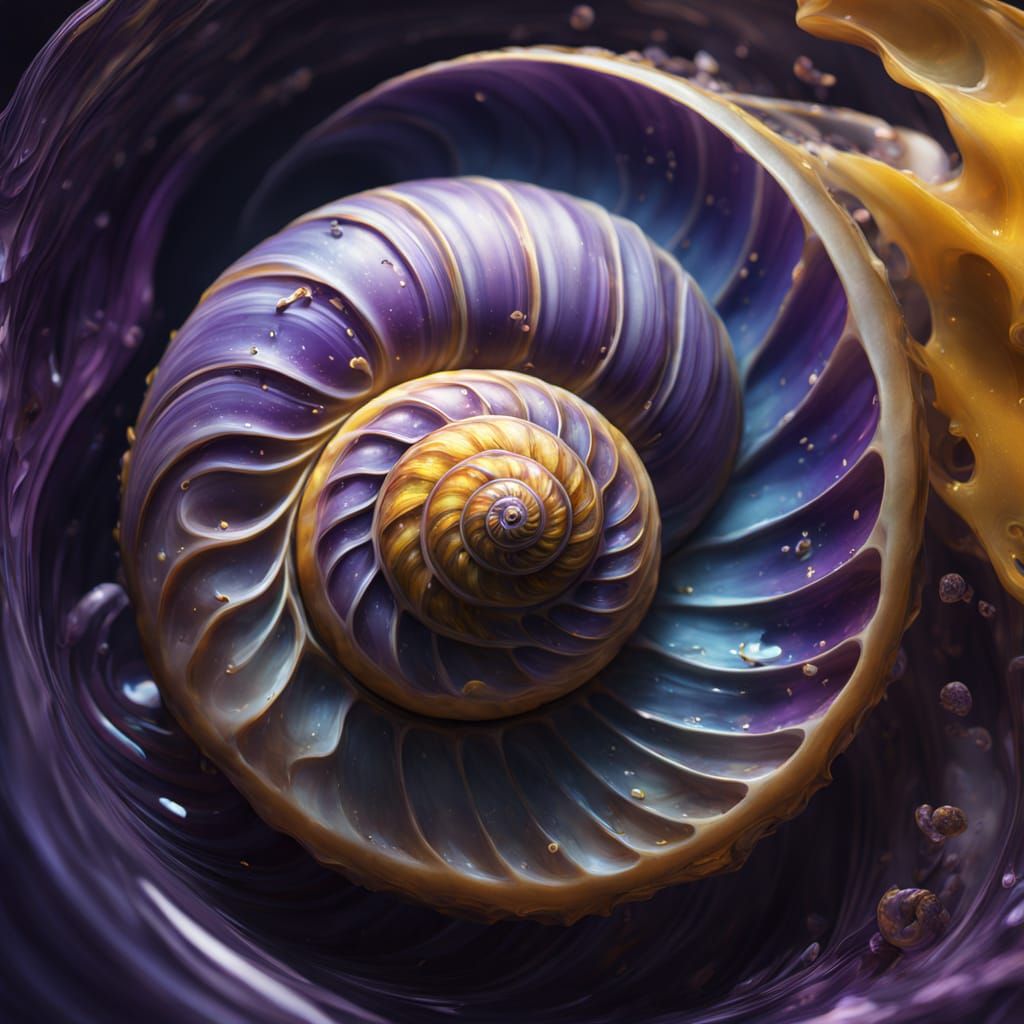 Surreal Macro Art of Iridescent Snail Shell in Deep Cerulean...